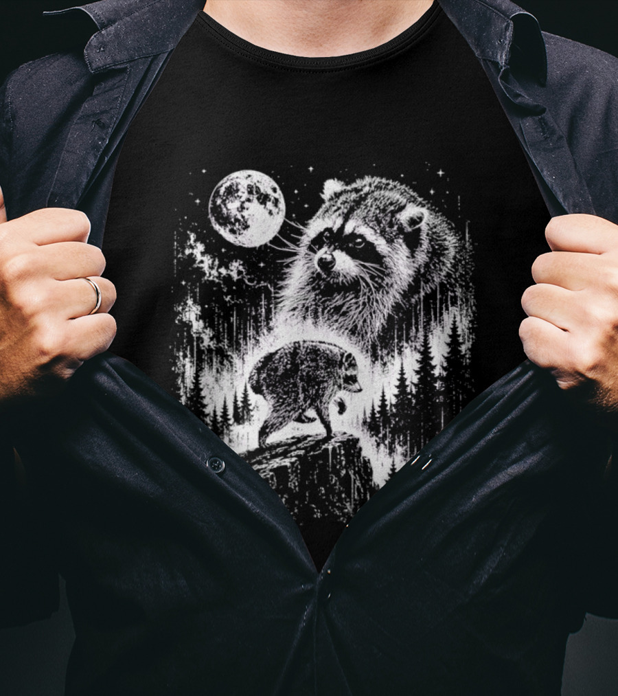 Jimothy Raccoon Scenic Trail Legend Moonlit Wilderness Forest Scene T-Shirt