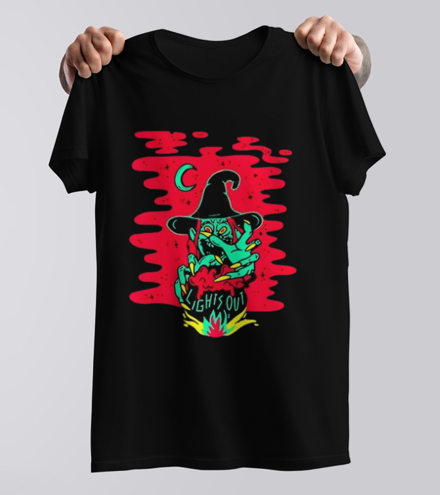 Lights Out Podcast Witch Halloween 2026 Crescent Moon T-Shirt