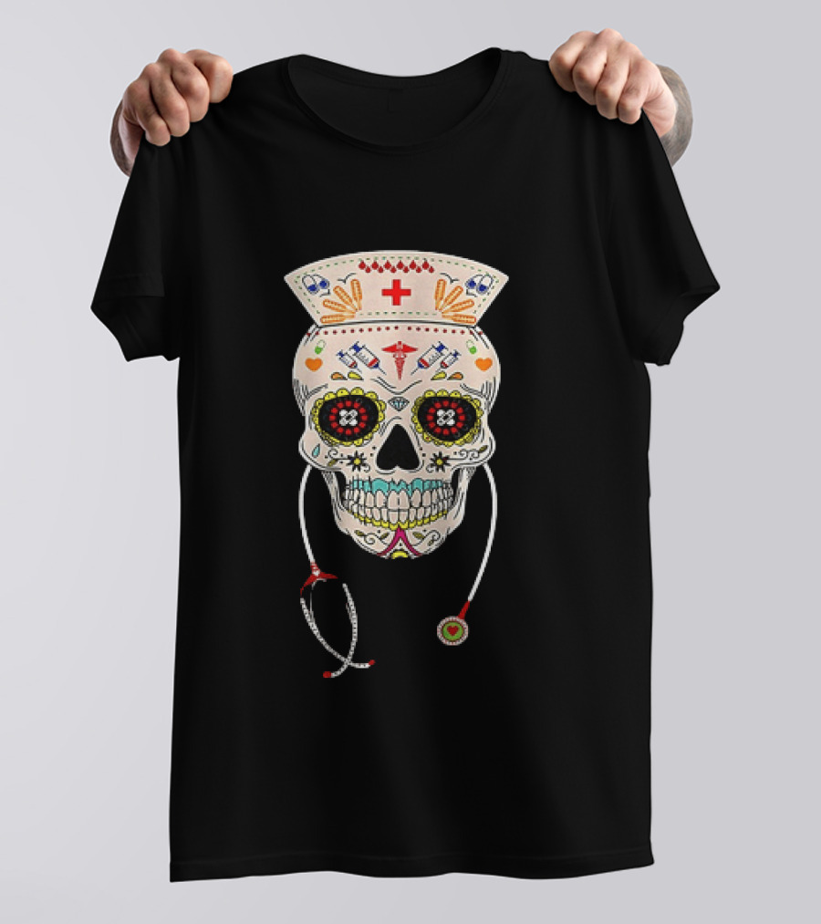 Nurse Sugar Skull Halloween Day Of The Dead Dia De Los Muertos T-Shirt