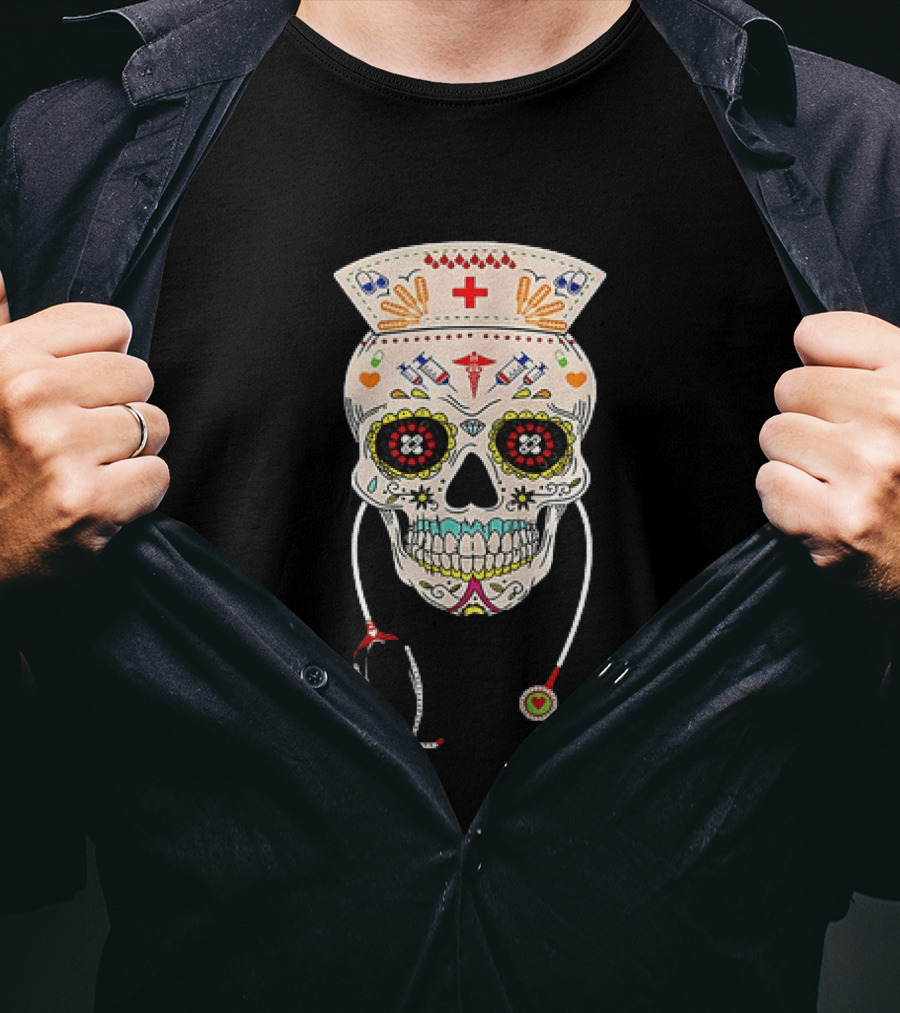 Nurse Sugar Skull Halloween Day Of The Dead Dia De Los Muertos T-Shirt