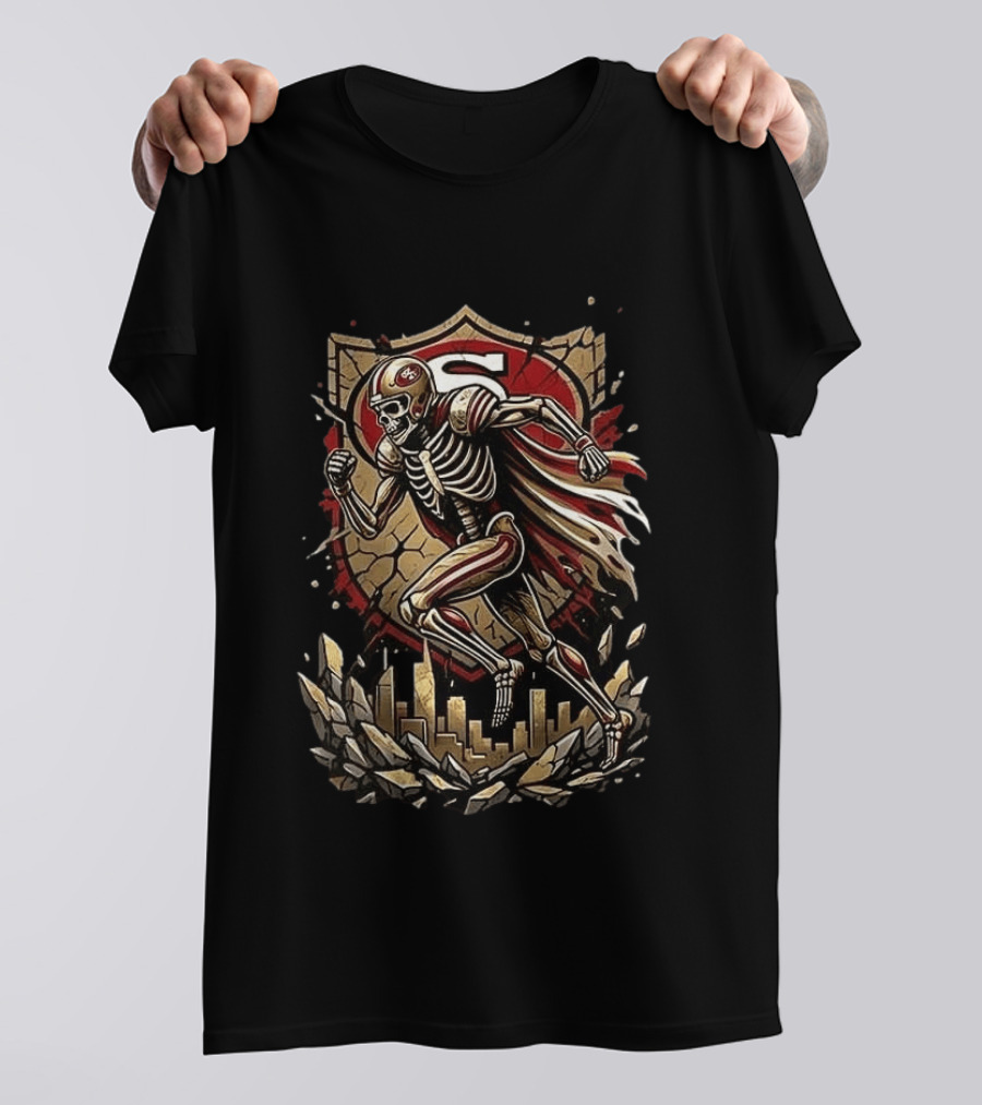 San Francisco 49ers Skeleton Runs In My Blood Football Skyline Shield T-Shirt
