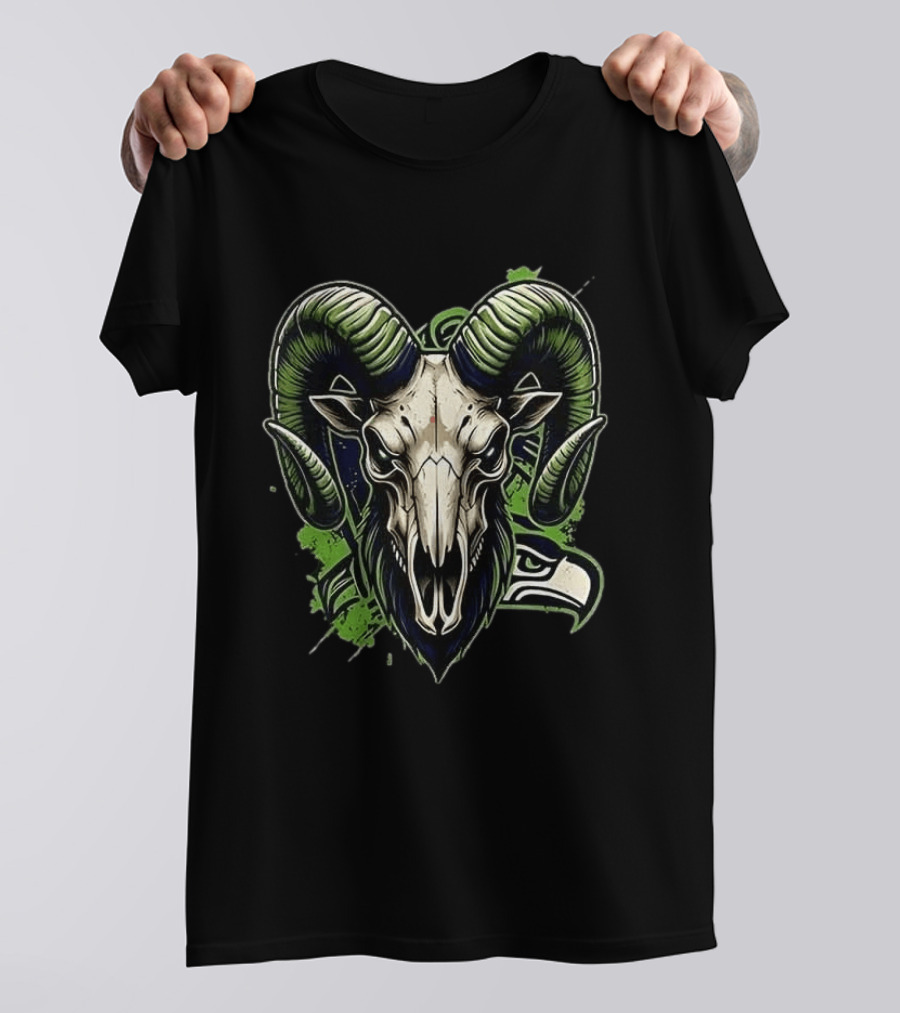 Seattle Seahawks Runs In My Blood Skeleton Ram Skull Fan T-Shirt