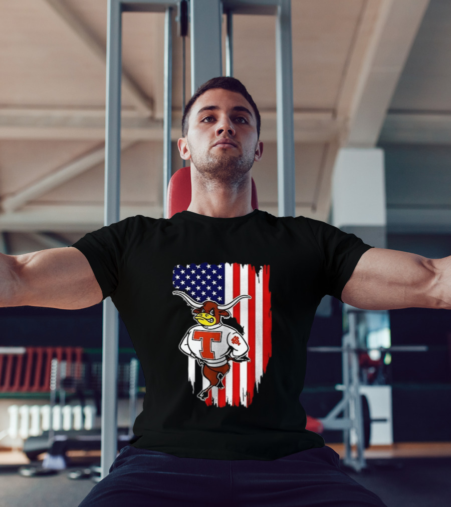 Texas Longhorns Mascot Over USA Flag T-Shirt