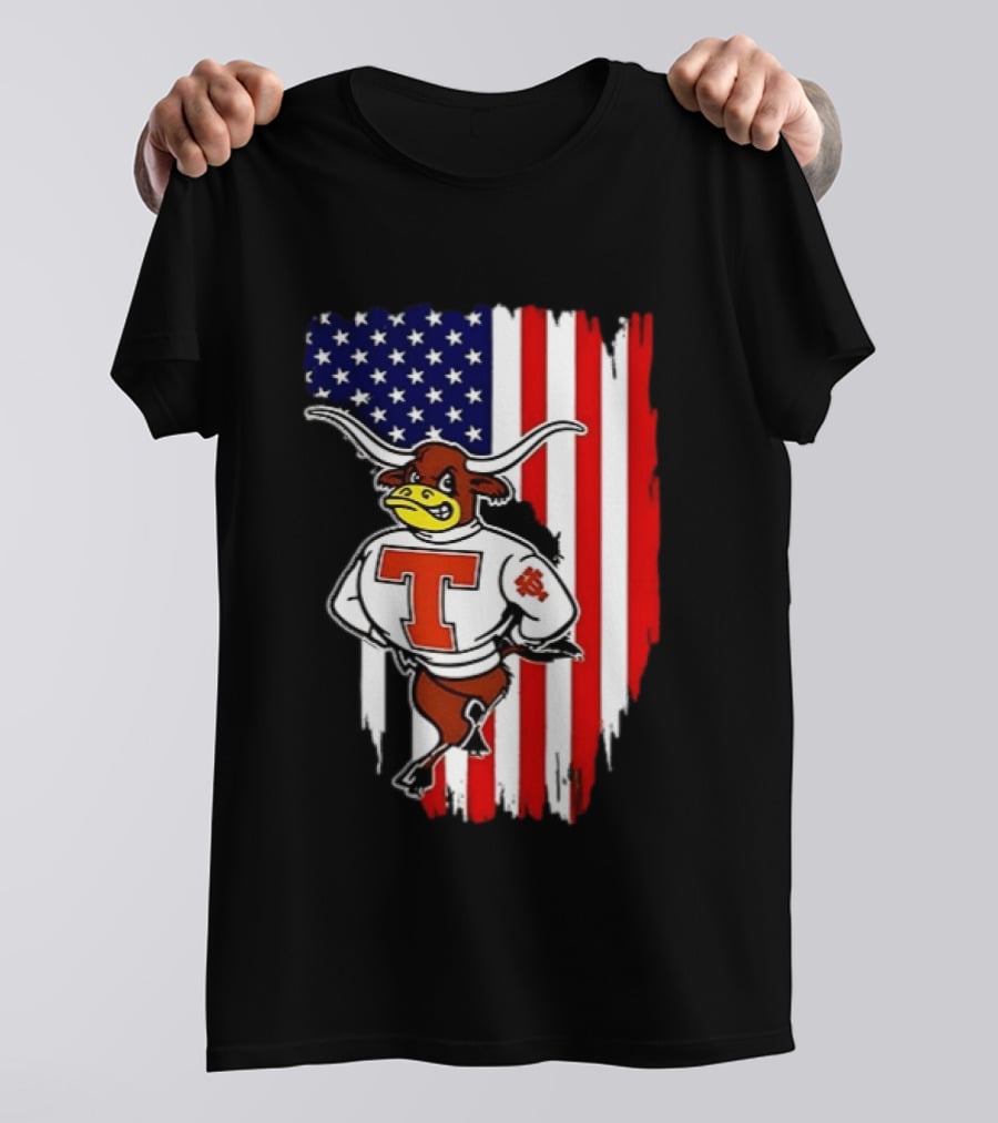 Texas Longhorns Mascot Over USA Flag T-Shirt