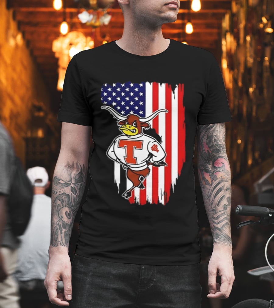 Texas Longhorns Mascot Over USA Flag T-Shirt