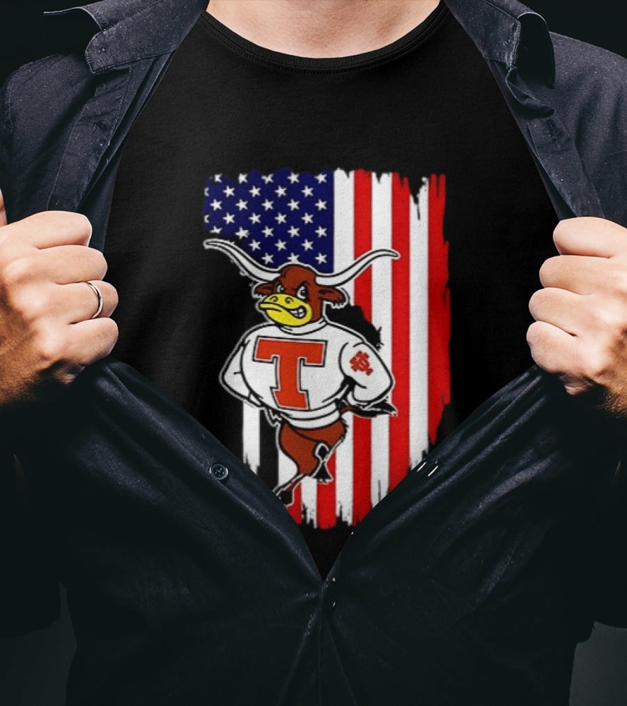 Texas Longhorns Mascot Over USA Flag T-Shirt