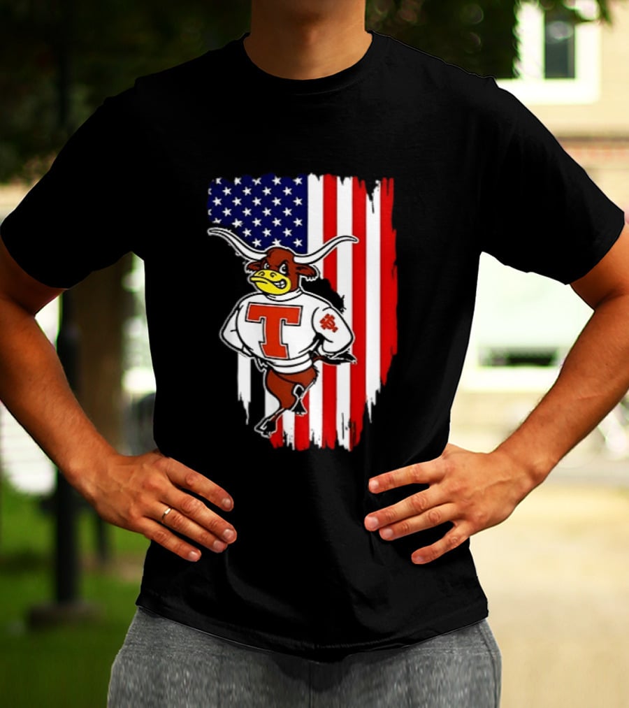 Texas Longhorns Mascot Over USA Flag T-Shirt