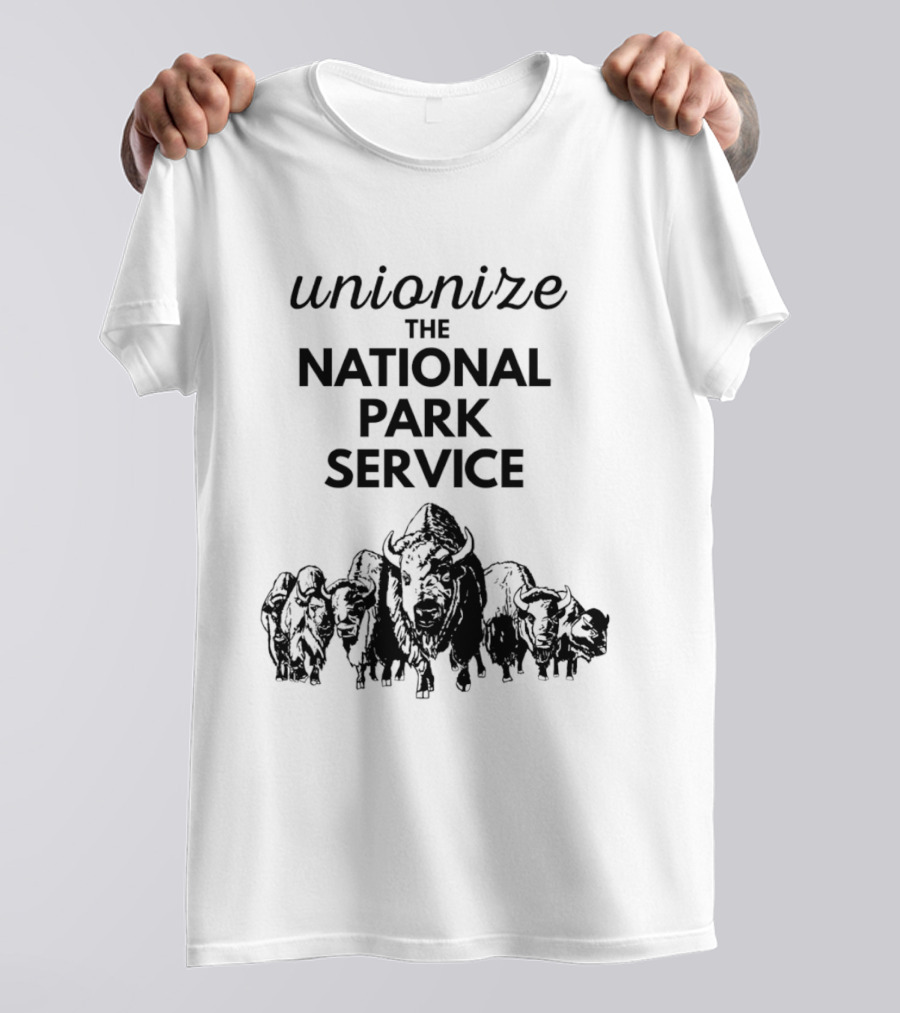 Unionize The National Park Service Bison Herd Oso Artists Orchard Button T-Shirt