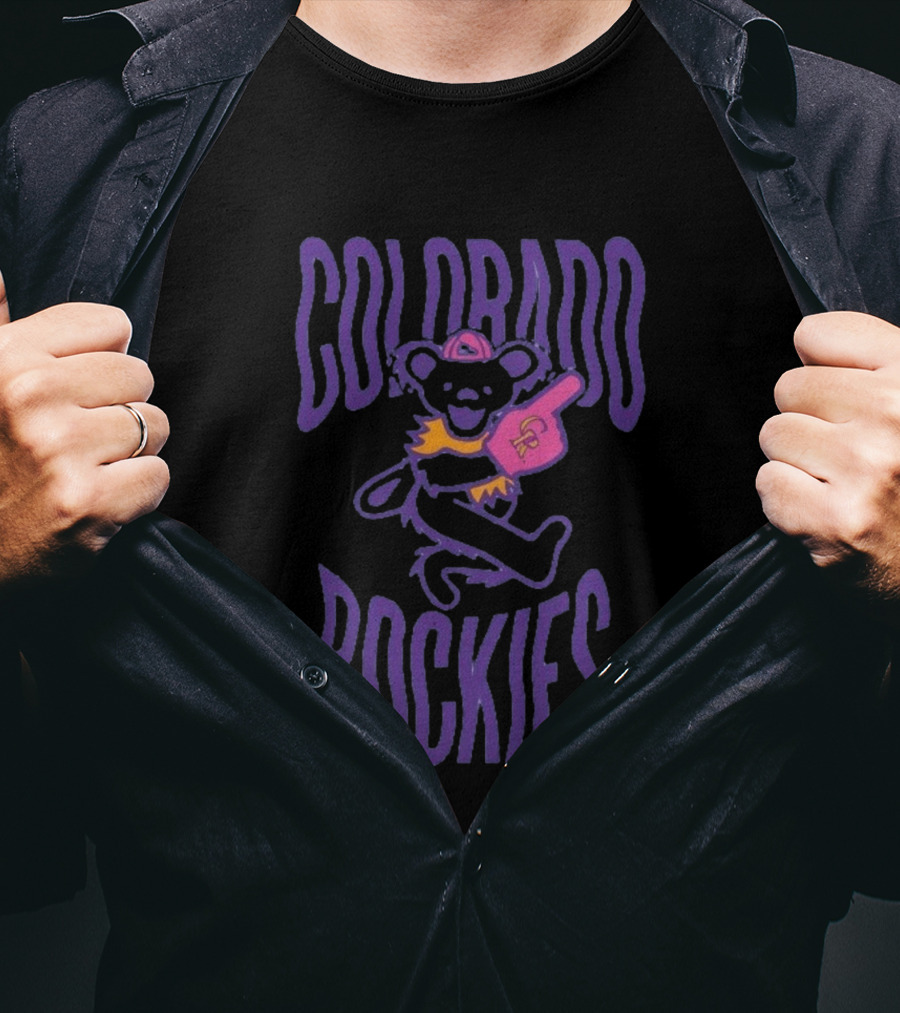 Colorado Rockies Grateful Dead Bear With Foam Finger Fan T-Shirt