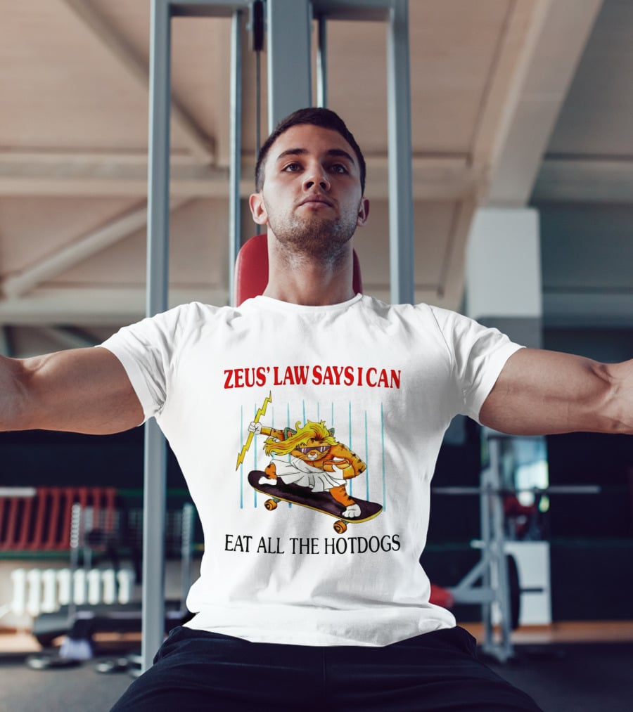 Zeus' Law Says I Can Eat All The Hotdogs Cat Holding Lightning Skateboard T-Shirt