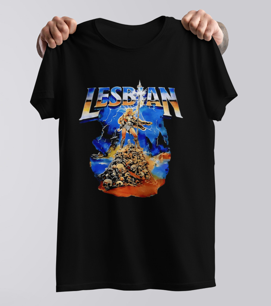 LESBIAN Warrior Epic Pose Amidst Pile Of Skulls And Lightning T-Shirt