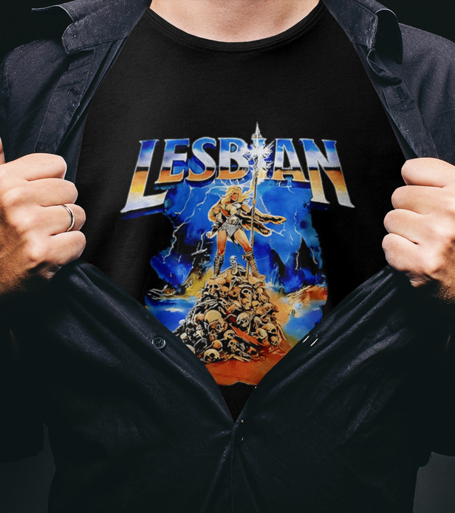 LESBIAN Warrior Epic Pose Amidst Pile Of Skulls And Lightning T-Shirt