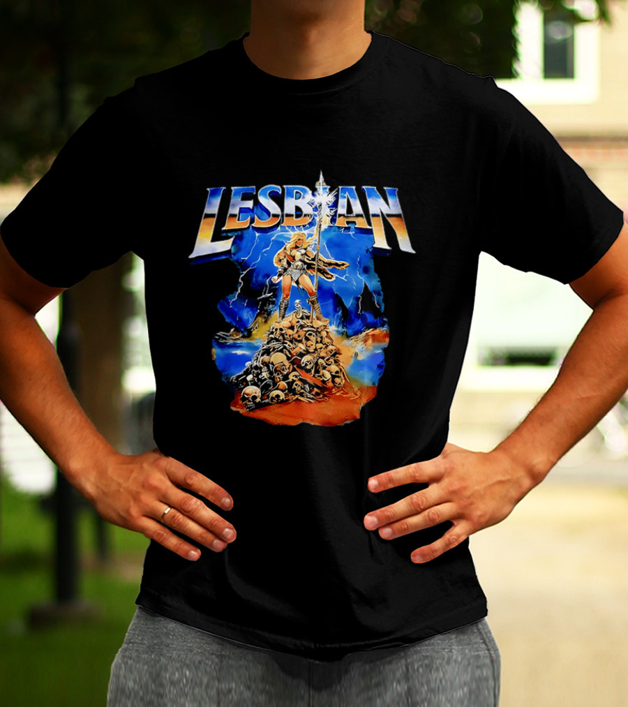 LESBIAN Warrior Epic Pose Amidst Pile Of Skulls And Lightning T-Shirt