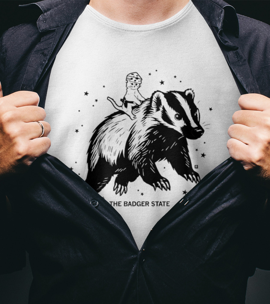 The Badger State Cat Wearing Cheese Hat On Badger With Stars T-Shirt