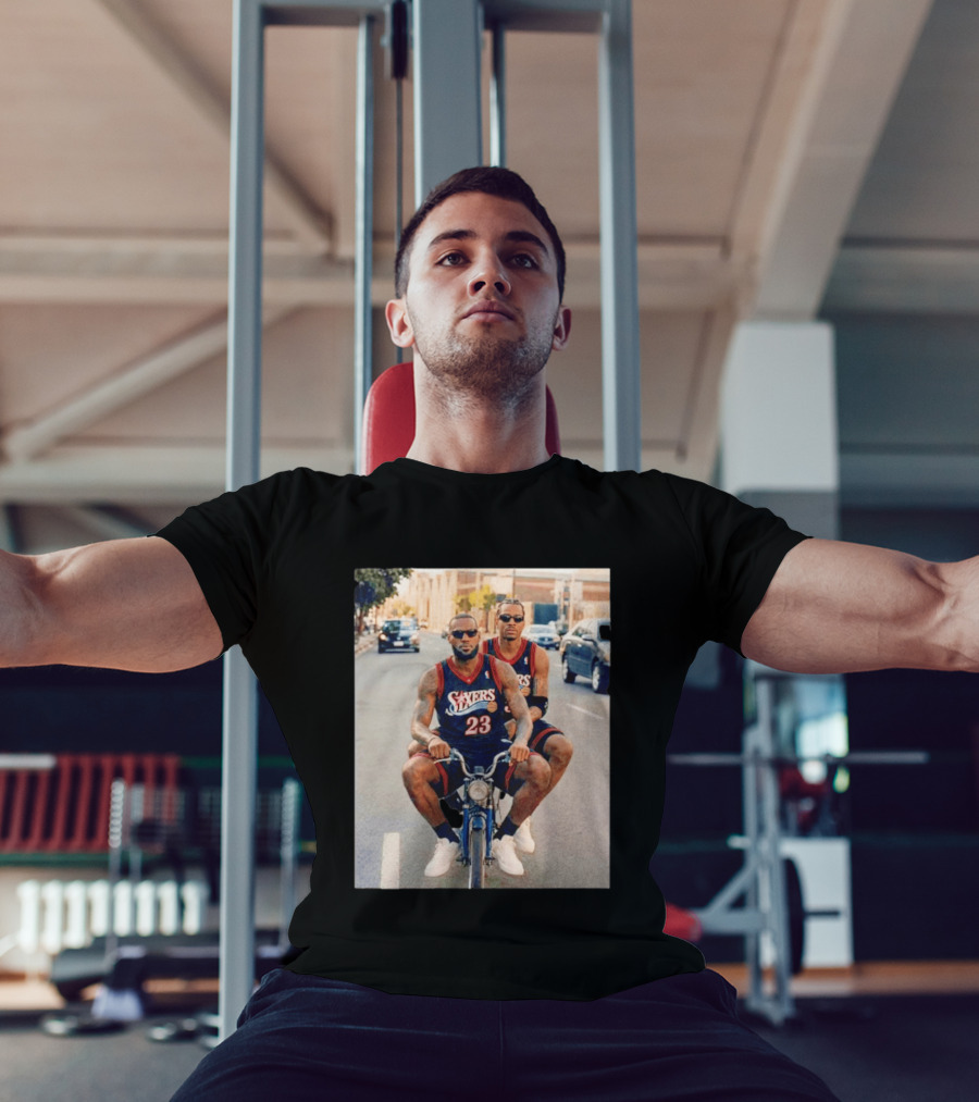 Philadelphia 76ers LeBron James Allen Iverson Duo On Bicycle T-Shirt