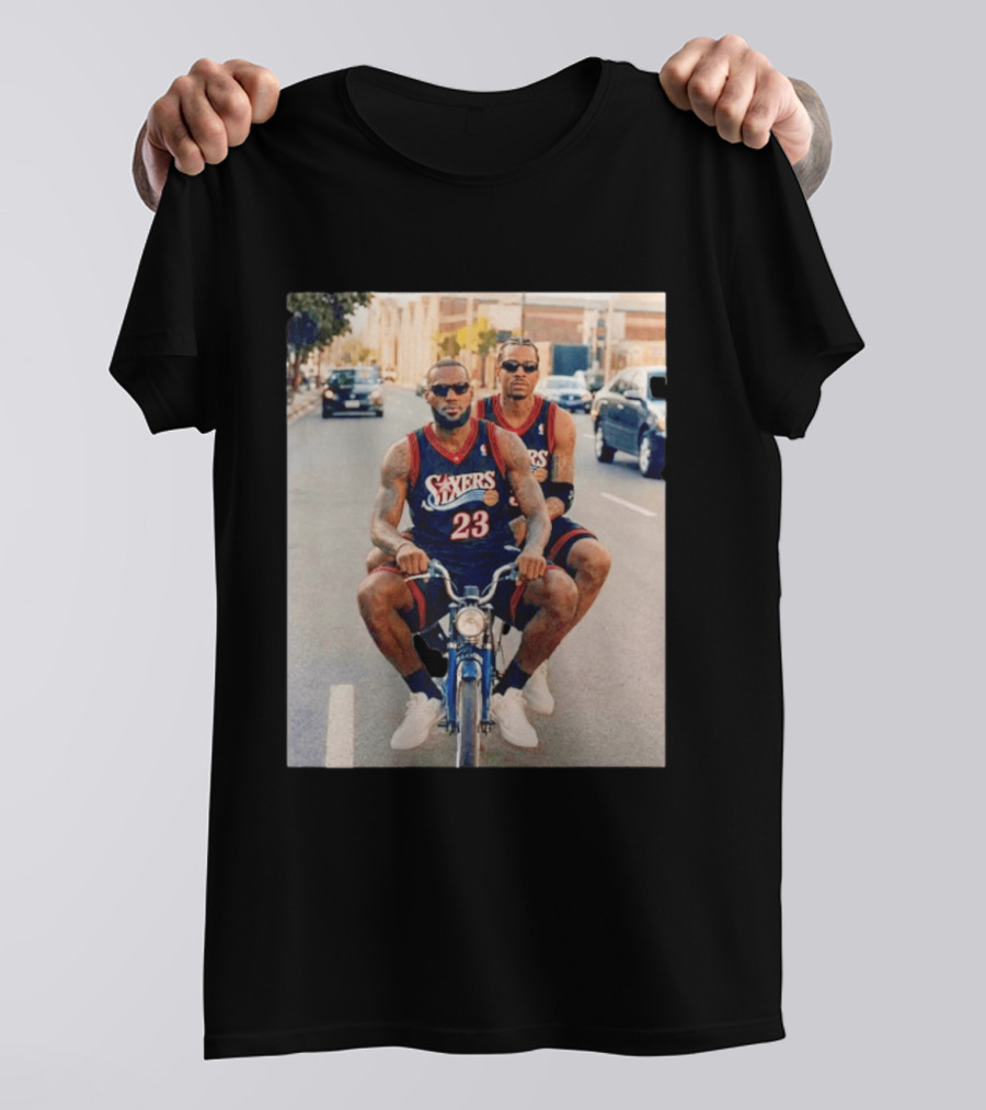 Philadelphia 76ers LeBron James Allen Iverson Duo On Bicycle T-Shirt