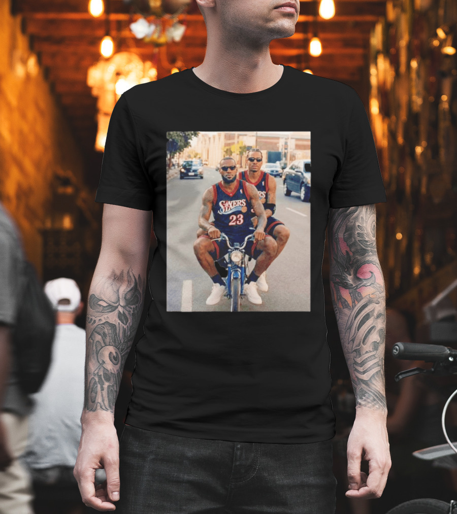 Philadelphia 76ers LeBron James Allen Iverson Duo On Bicycle T-Shirt