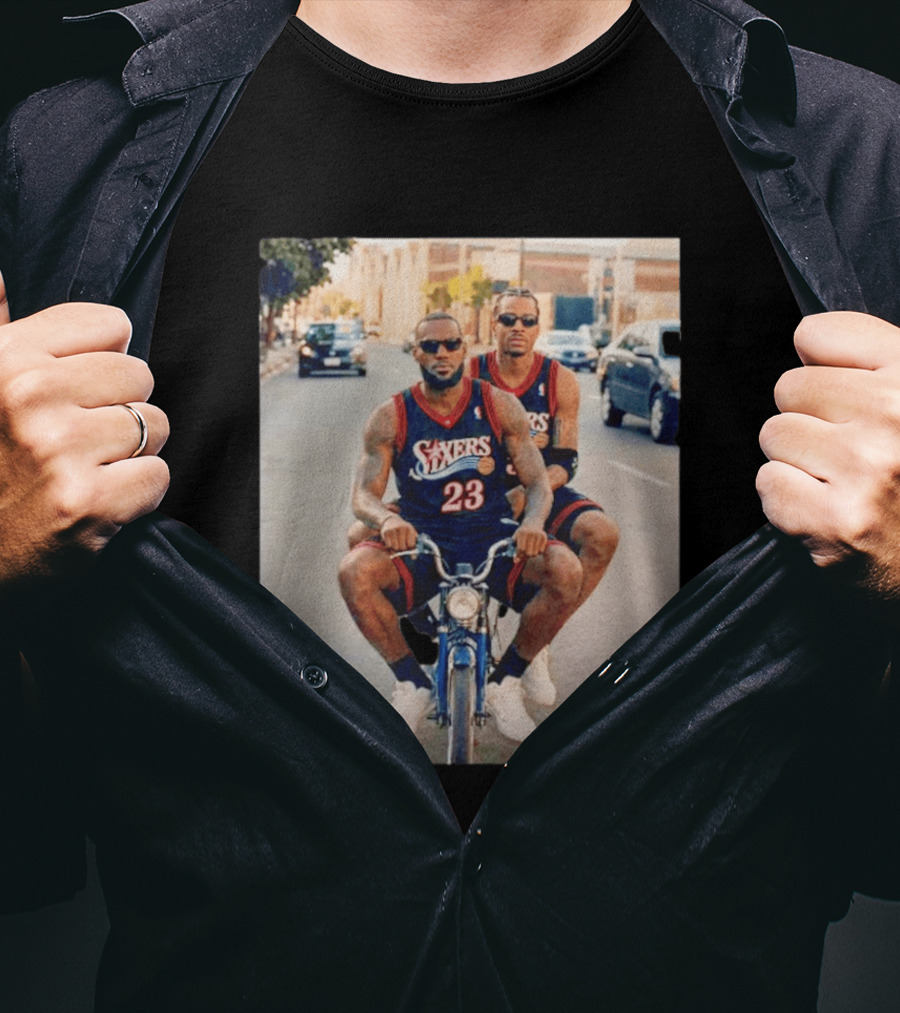 Philadelphia 76ers LeBron James Allen Iverson Duo On Bicycle T-Shirt