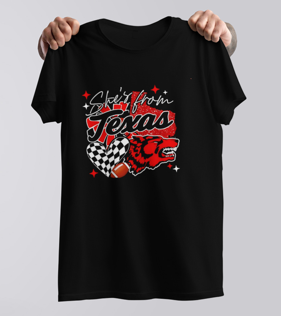 Cheerleading Texas Football Wolf She's From Texas Heart Checkered Ball Stars T-Shirt