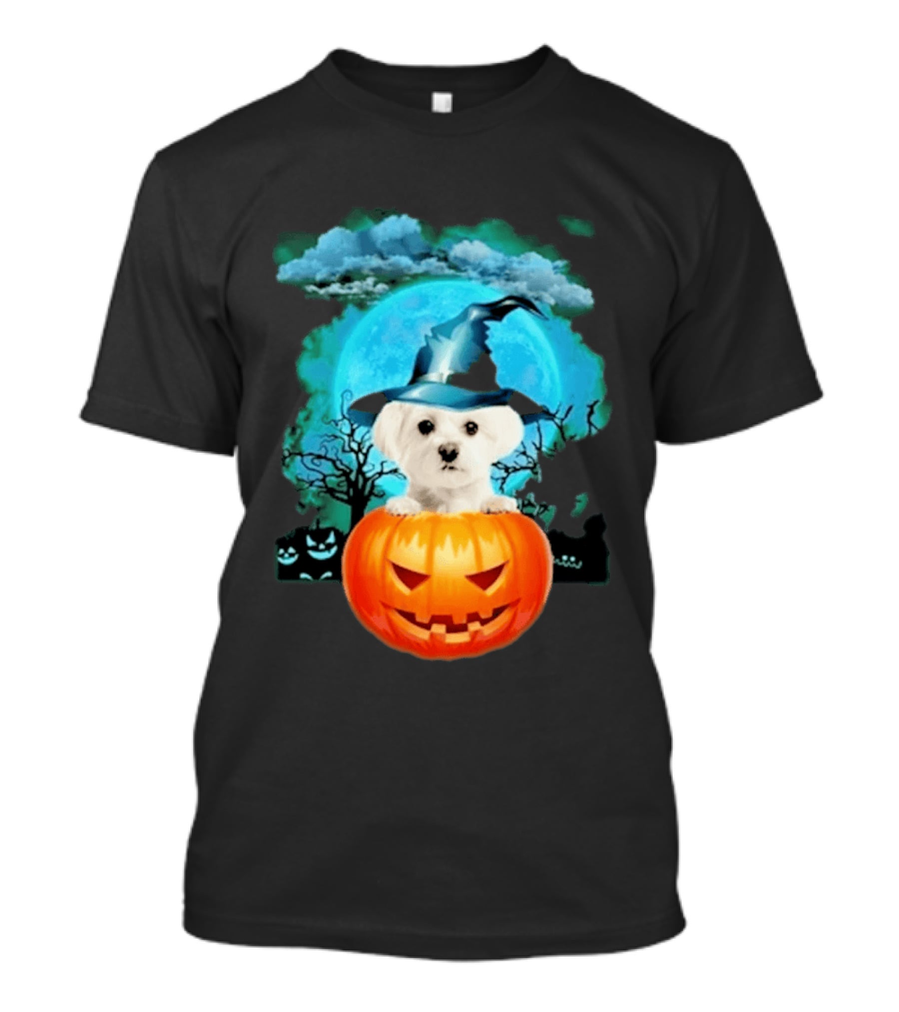 Happy Halloween White Maltese Witch Hat Pumpkin Blue Moon T-Shirt