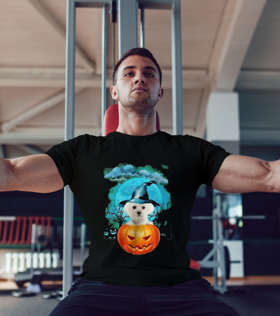Happy Halloween White Maltese Witch Hat Pumpkin Blue Moon T-Shirt