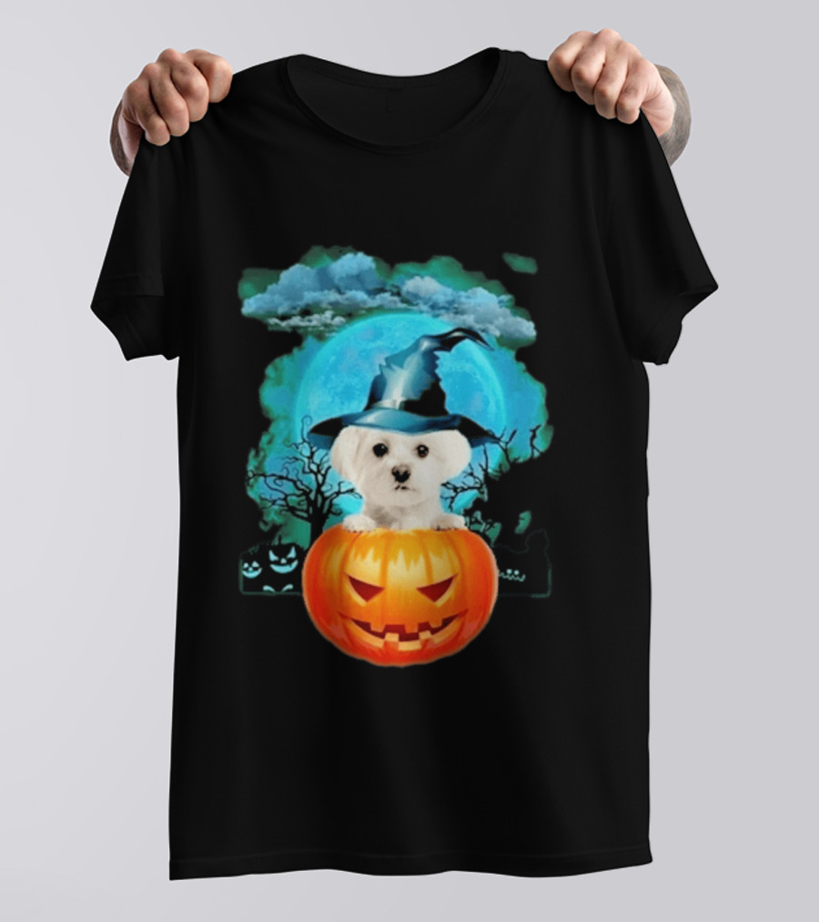 Happy Halloween White Maltese Witch Hat Pumpkin Blue Moon T-Shirt
