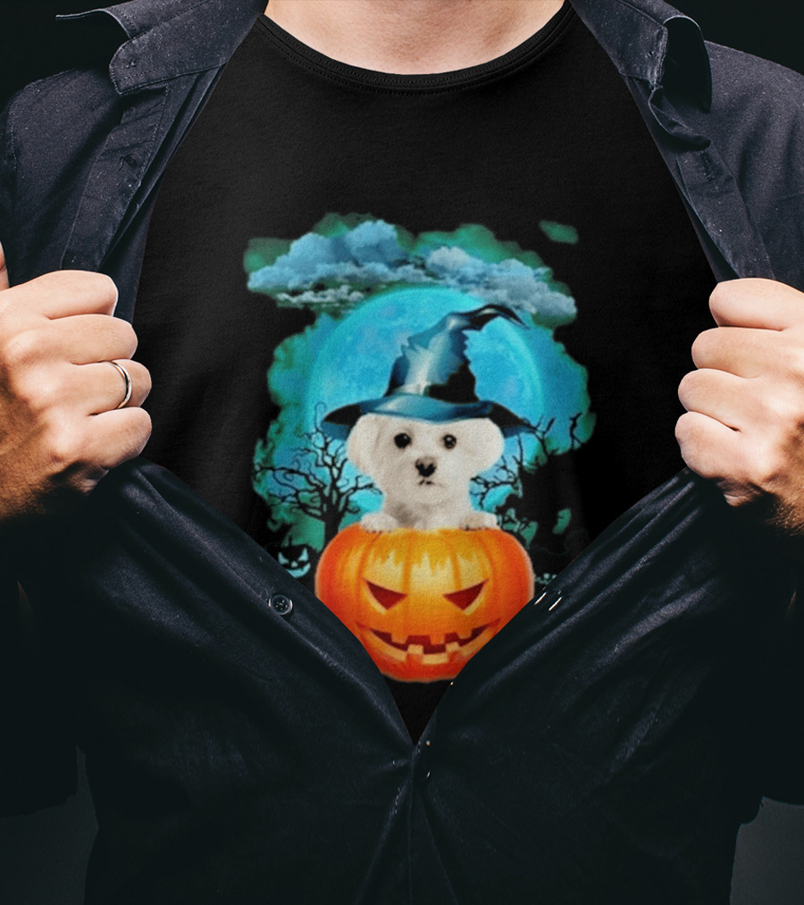 Happy Halloween White Maltese Witch Hat Pumpkin Blue Moon T-Shirt