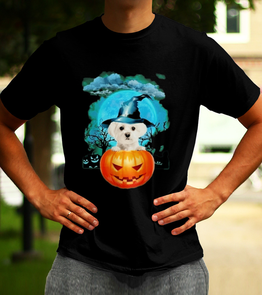 Happy Halloween White Maltese Witch Hat Pumpkin Blue Moon T-Shirt