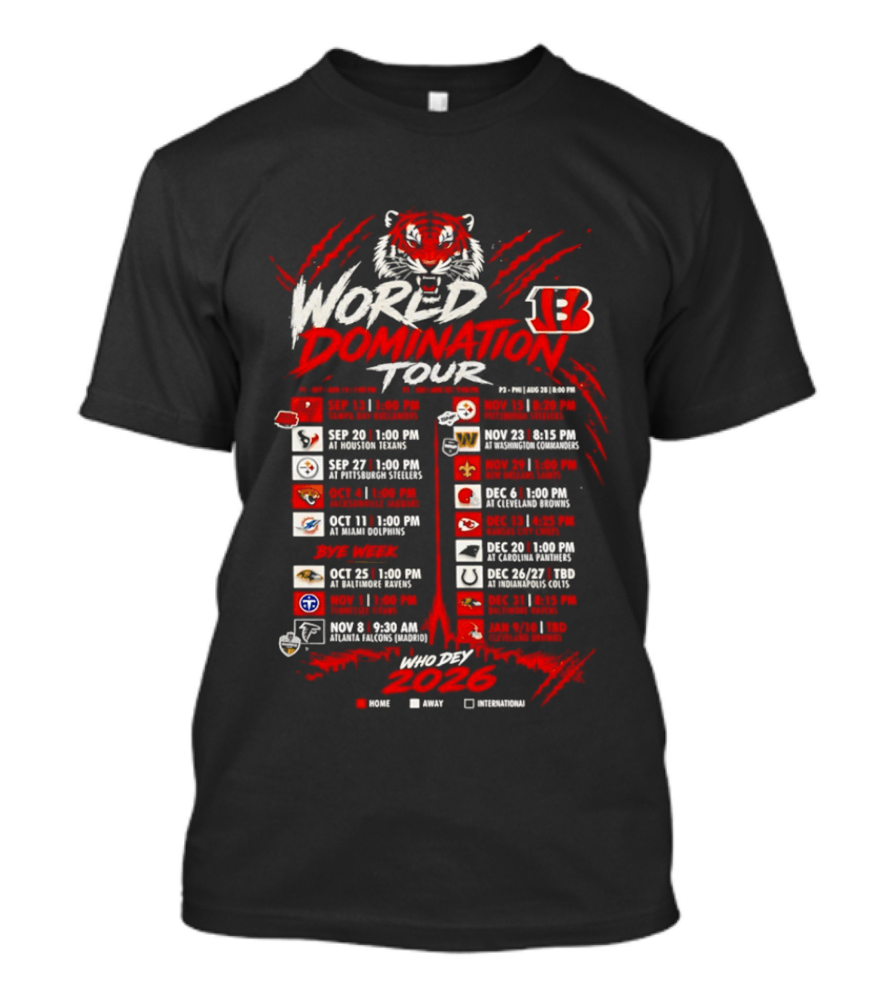 Cincinnati Bengals World Domination Tour 2026 Schedule Featuring Iconic Tiger Graphic And Team Logos T-Shirt