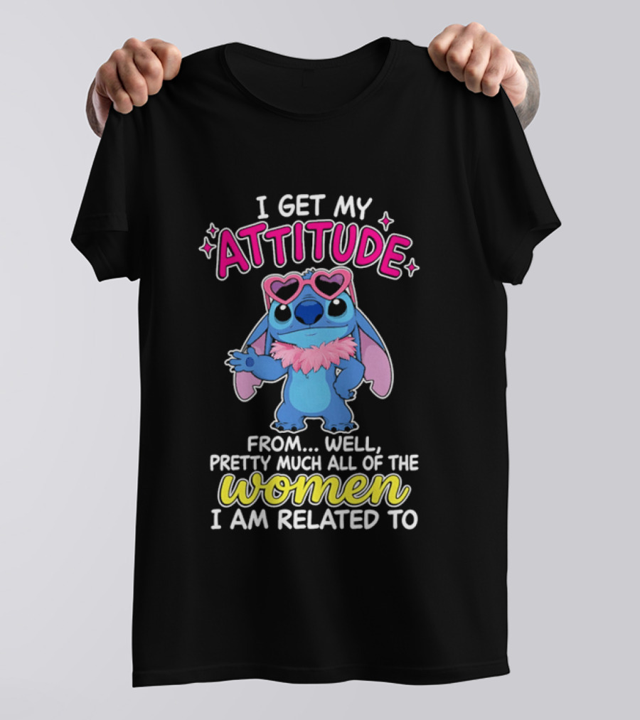 I Get My Attitude From Pretty Much All Of The Women I Am Related To Cute Blue Cartoon Character With Pink Accessories T-Shirt