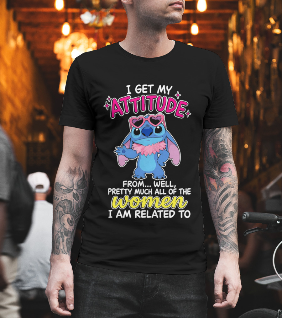 I Get My Attitude From Pretty Much All Of The Women I Am Related To Cute Blue Cartoon Character With Pink Accessories T-Shirt