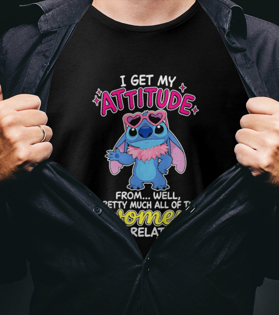 I Get My Attitude From Pretty Much All Of The Women I Am Related To Cute Blue Cartoon Character With Pink Accessories T-Shirt
