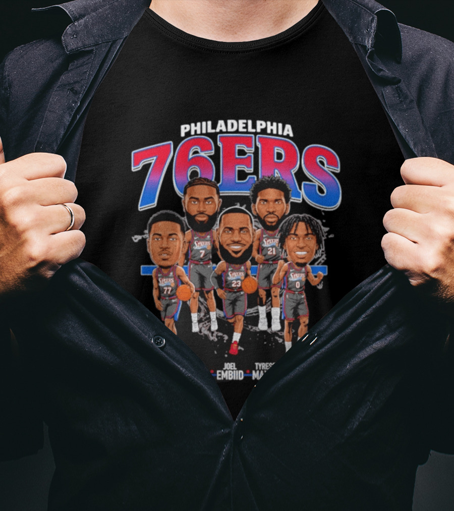 Philadelphia 76ers LeBron James Jaylen Brown Joel Embiid Tyrese Maxey VJ Edgecombe Caricature T-Shirt