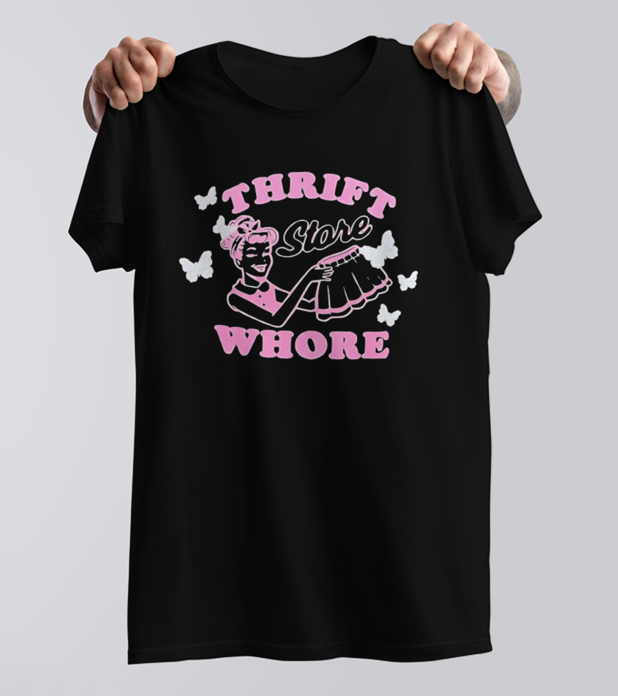Thrift Store Whore Retro Feminine Fun Pink Butterfly T-Shirt