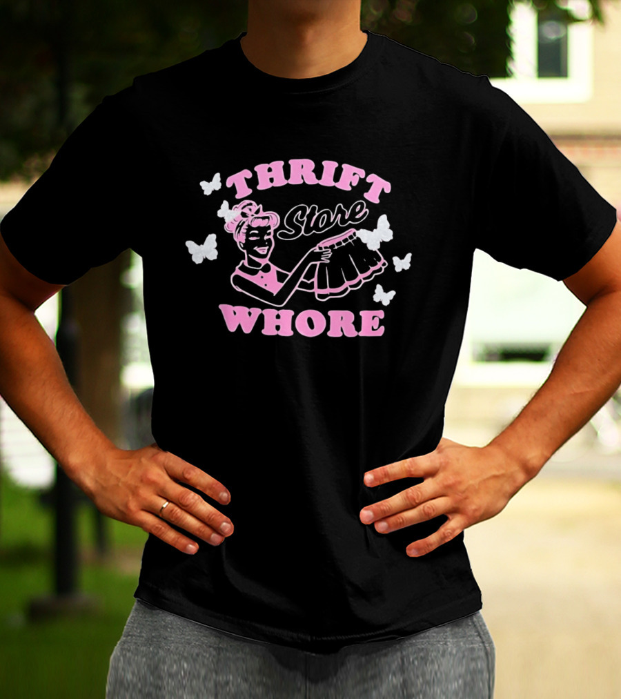 Thrift Store Whore Retro Feminine Fun Pink Butterfly T-Shirt