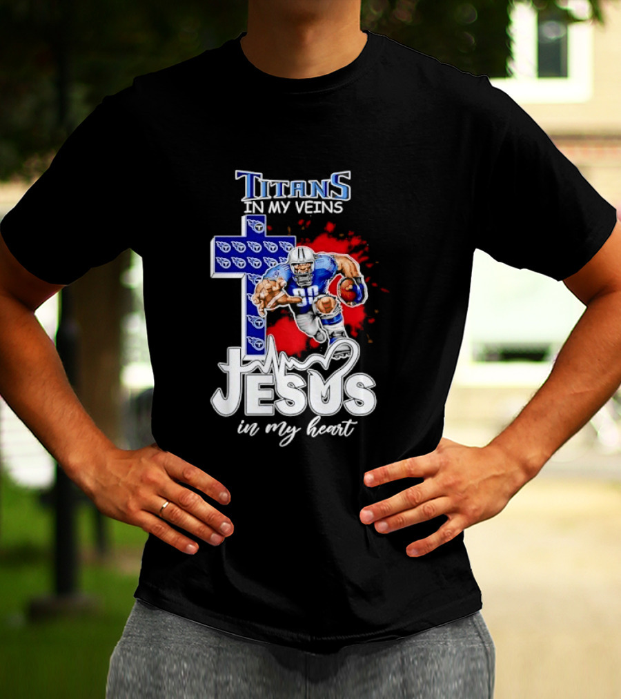 Titans In My Veins Jesus In My Heart Football Player Cross T-Shirt