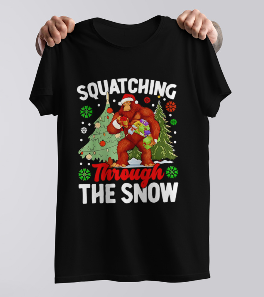 Squatching Through The Snow Bigfoot Christmas Tree Holiday Santa Big Foot T-Shirt