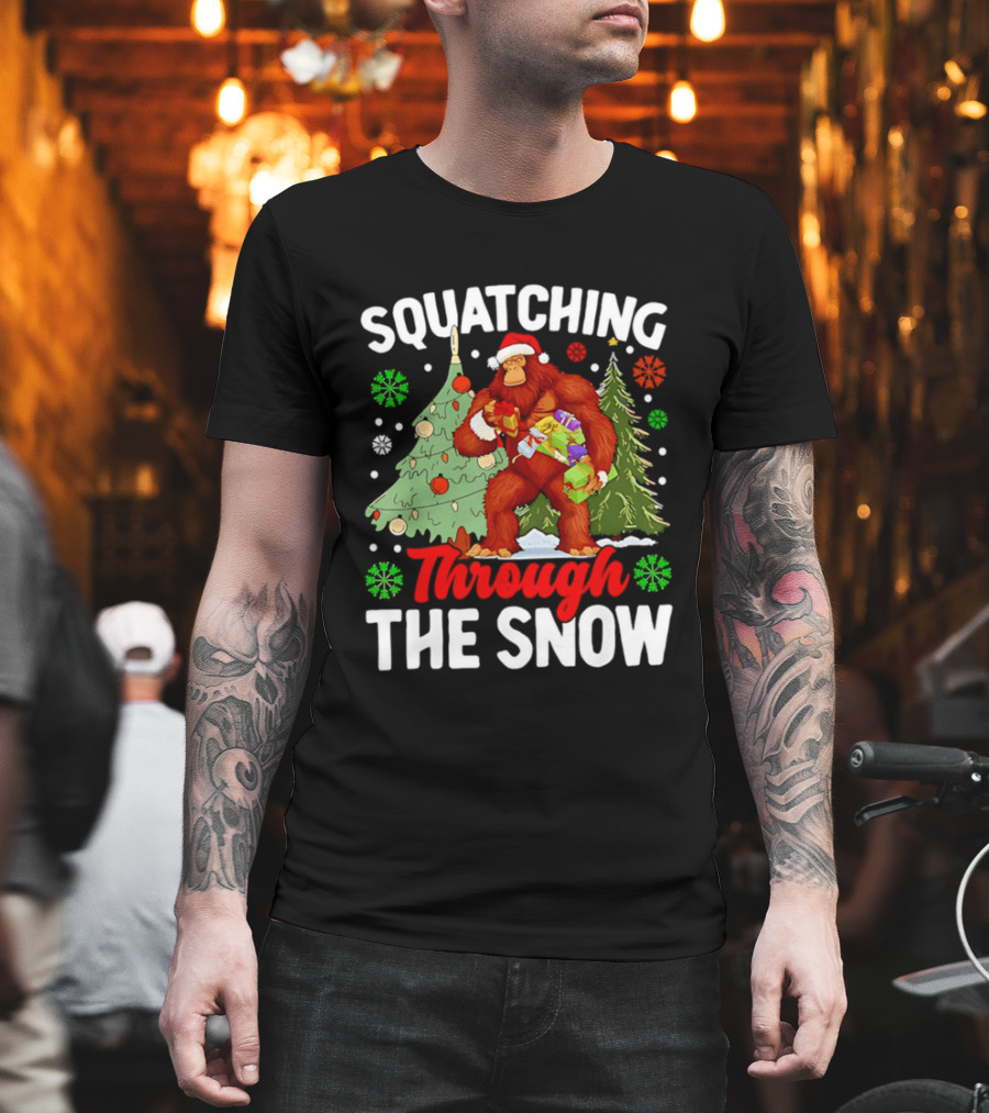 Squatching Through The Snow Bigfoot Christmas Tree Holiday Santa Big Foot T-Shirt