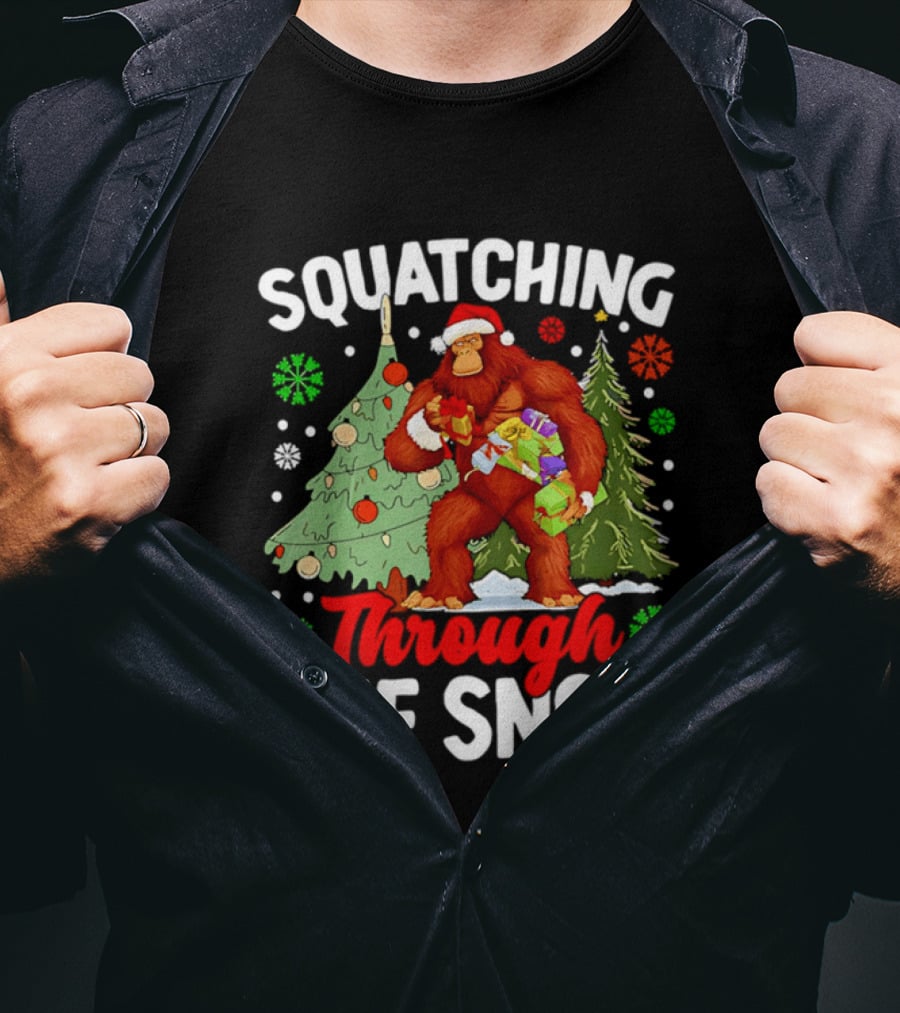 Squatching Through The Snow Bigfoot Christmas Tree Holiday Santa Big Foot T-Shirt