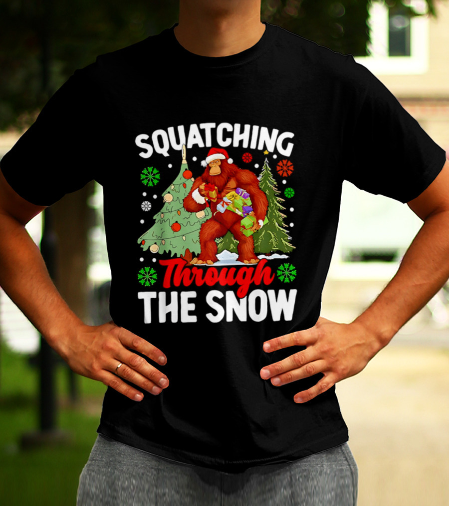 Squatching Through The Snow Bigfoot Christmas Tree Holiday Santa Big Foot T-Shirt