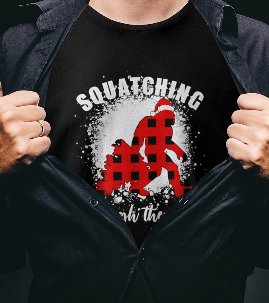 Squatching Through The Snow Bigfoot Santa Hat Christmas T-Shirt