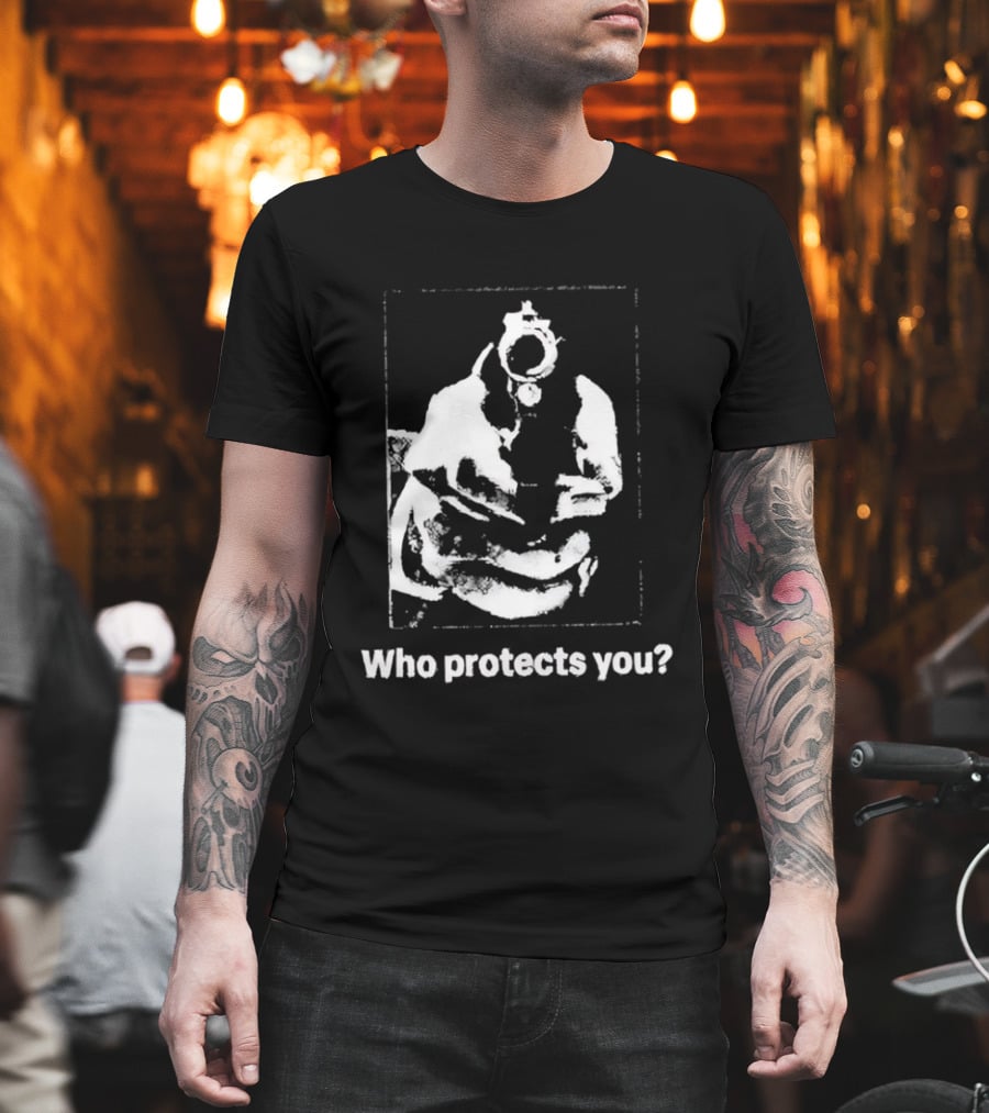 Who Protects You Question With Gun Aimed At Viewer T-Shirt