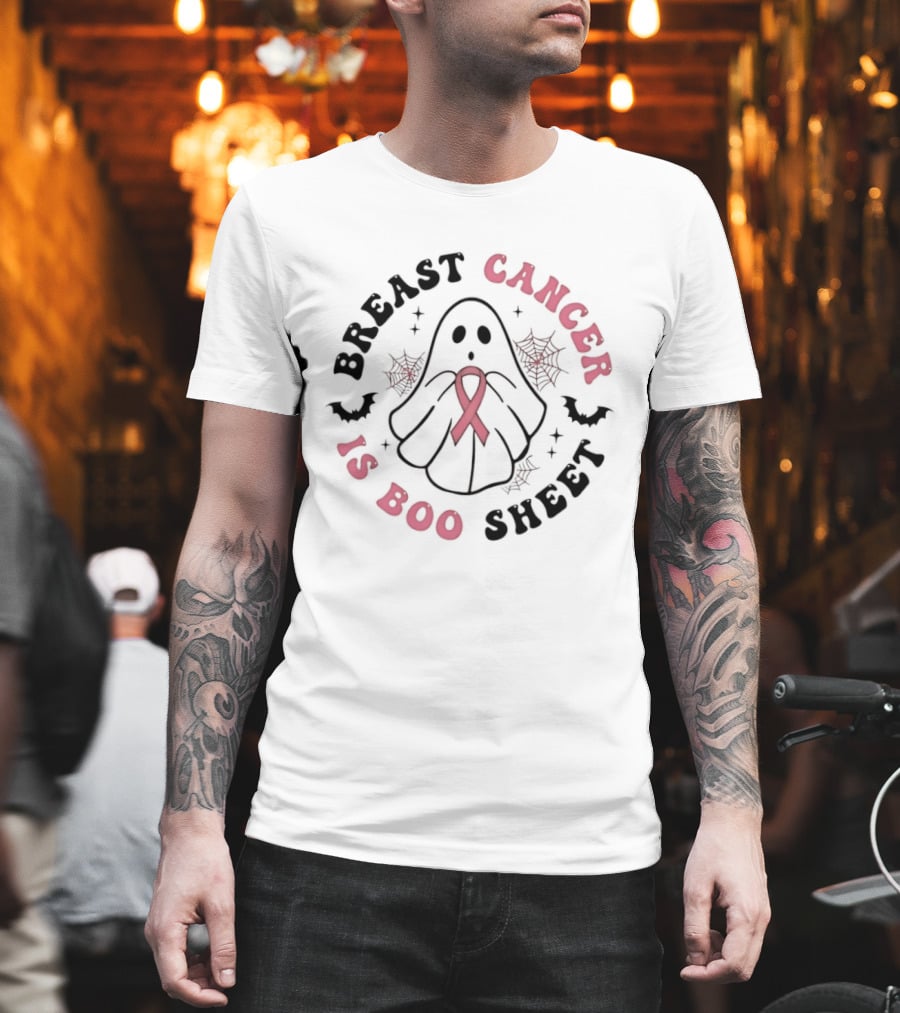 Breast Cancer Awareness Ghost Boo Sheet Ribbon Spooky Webs Bats T-Shirt