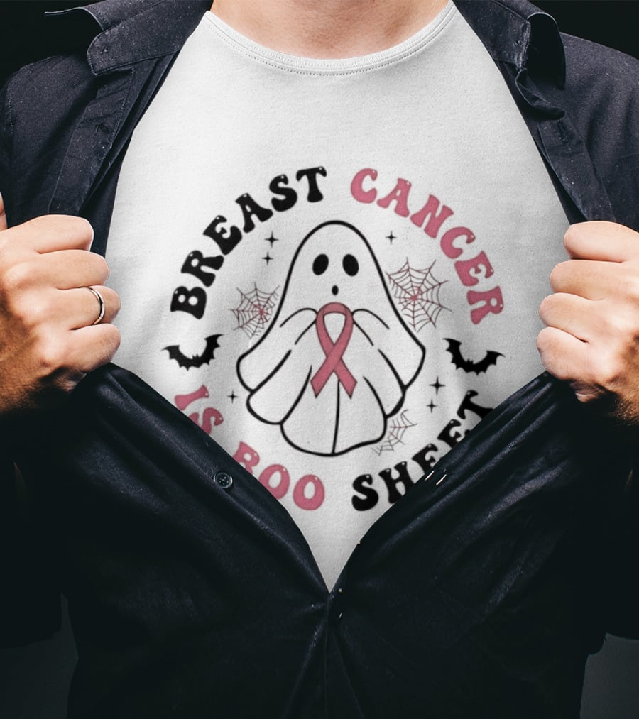Breast Cancer Awareness Ghost Boo Sheet Ribbon Spooky Webs Bats T-Shirt