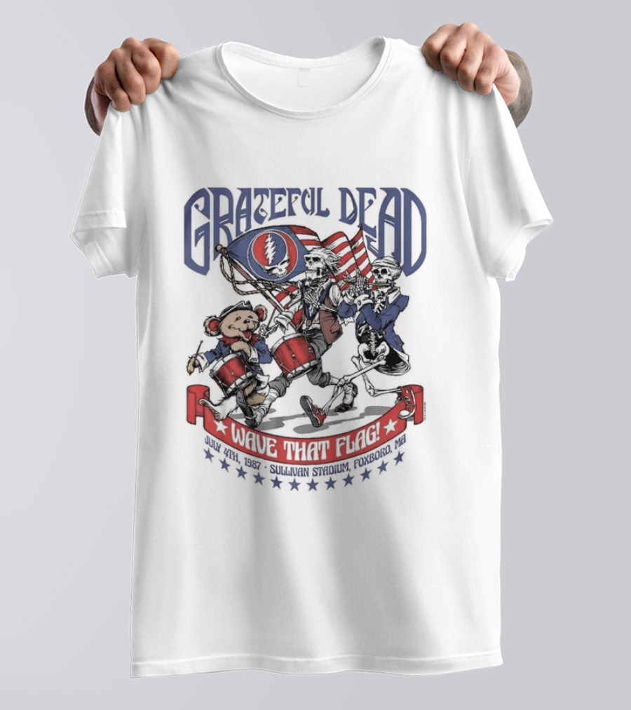 Grateful Dead Wave That Flag 4th Of July Sullivan Stadium Foxboro MA Bear Skeleton Jam Band Summer Concert T-Shirt