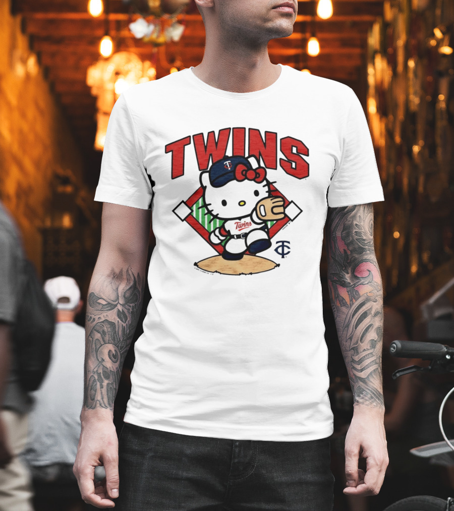 Hello Kitty Twins Baseball Distressed MLB Player Cartoon T-Shirt