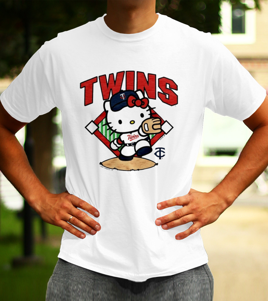 Hello Kitty Twins Baseball Distressed MLB Player Cartoon T-Shirt