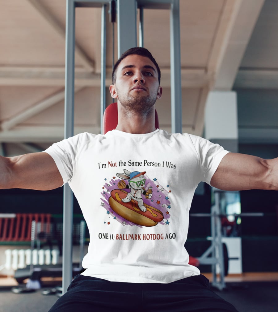 I'm Not The Same Person I Was One Ballpark Hotdog Ago Baseball Bunny With Sunglasses And Stars T-Shirt