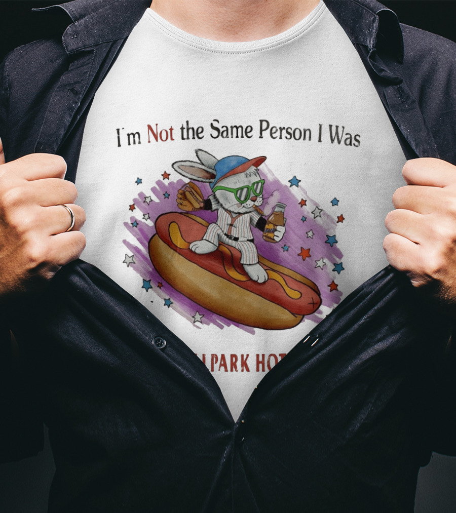 I'm Not The Same Person I Was One Ballpark Hotdog Ago Baseball Bunny With Sunglasses And Stars T-Shirt