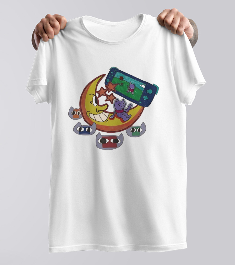 Cartoon Moon And Cat Playing Game With Stars And Colorful Masks T-Shirt